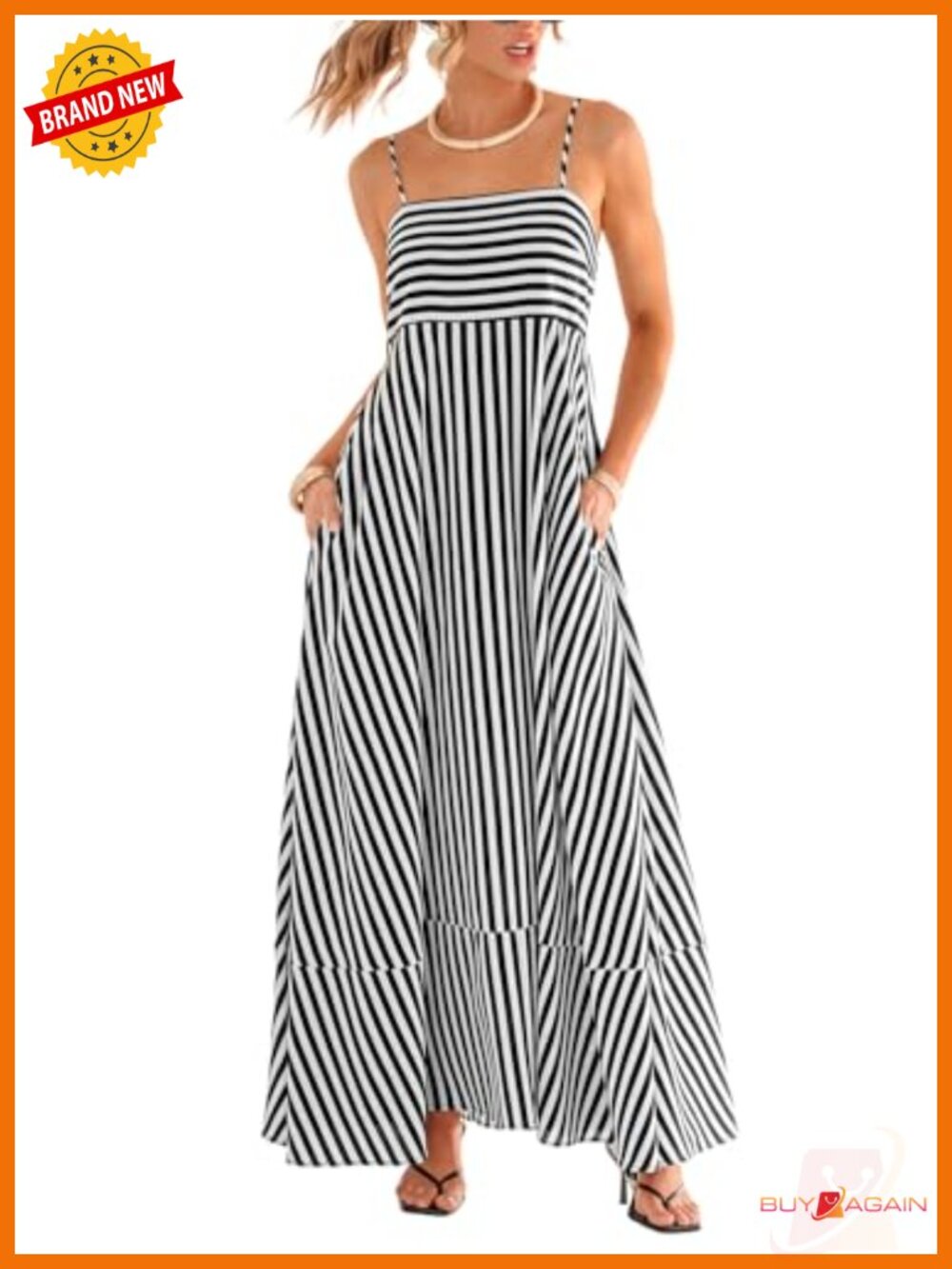 Sleeveless Square Neck Striped Maxi Dress with Pockets Adjustable Straps